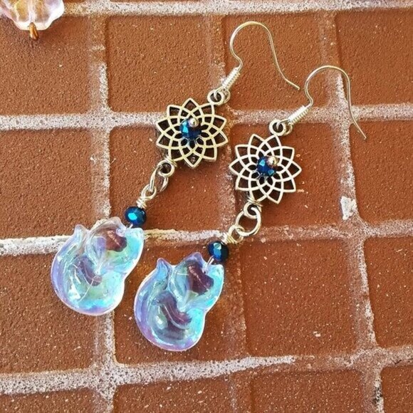 Iridescent + Glam! Fox Cub Pup Kitten Furbaby - Sparkling Dangle Earrings  2.5" - Picture 4 of 7